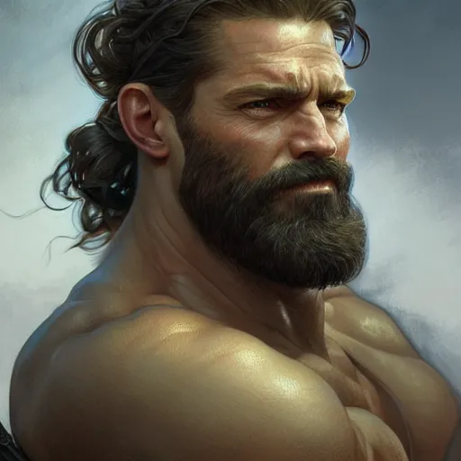 Image similar to portrait of a rugged ranger, handsome, muscular thighs, 40 years old, D&D, fantasy, intricate, elegant, highly detailed, digital painting, artstation, concept art, matte, sharp focus, illustration, art by Artgerm and Greg Rutkowski and Alphonse Mucha