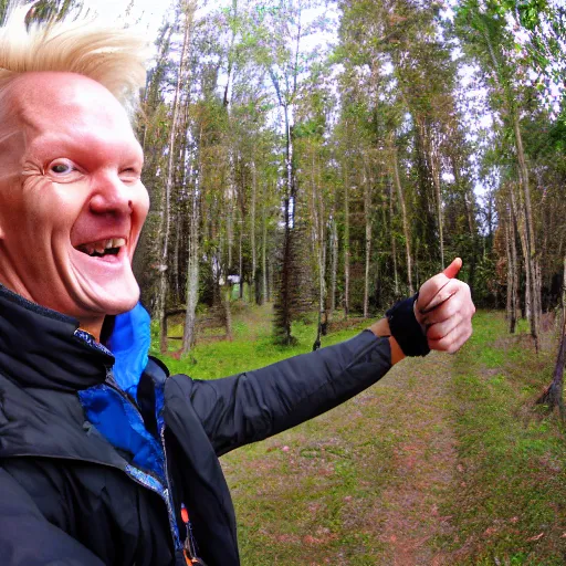 Image similar to erling haaland laughing and pointing towards the camera, fisheye, wide angle lense,