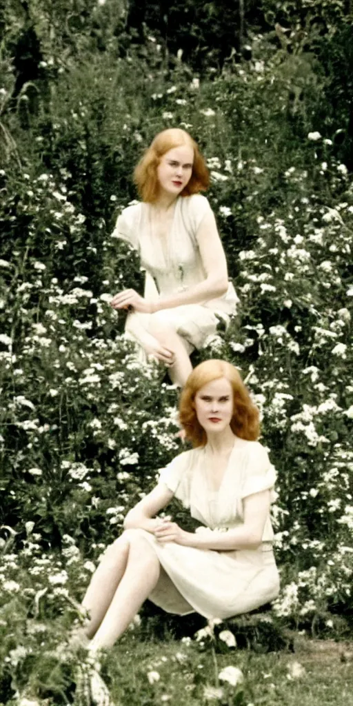 Image similar to young nicole kidman, long hair, beautiful dress, 1930, out of focus, sitting in green garden