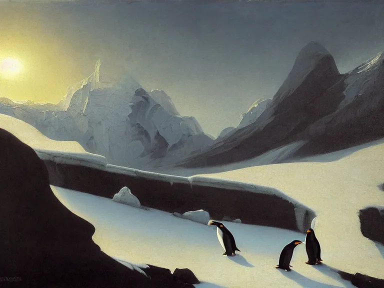 Image similar to an oil painting of a penguin and a misty glacier at dawn. by tuomas korpi and carl spitzweg. baroque elements. intricate artwork by caravaggio. oil painting. oil on canvas. award winning. dramatic. trending on artstation. 8 k