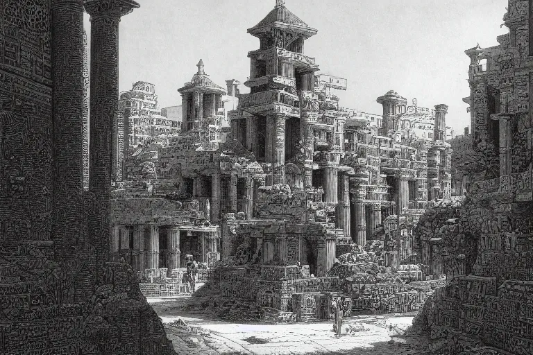 Image similar to ancient city of Babylon, hanging gardens of babylon. Robot mechas roaming the streets of ancient babylon. By gustave dore, highly detailed