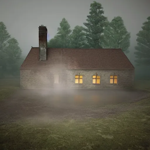 Image similar to render fog highly detailed village house day forest horror fear