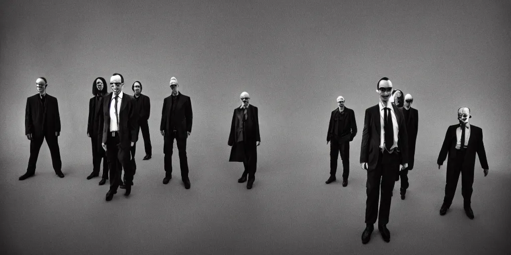 Image similar to Agent Smith, photo of a group, an album cover by David Gilmour Blythe, pinterest, bauhaus, tesseract, composition, national geographic photo, flemish baroque