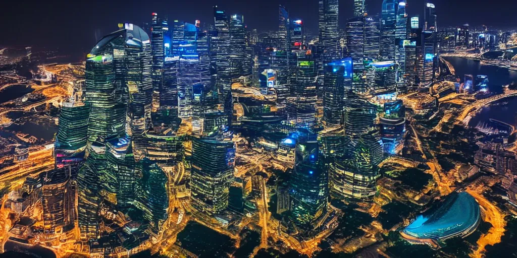 Image similar to futuristic singapour view at night from a plane, hdr