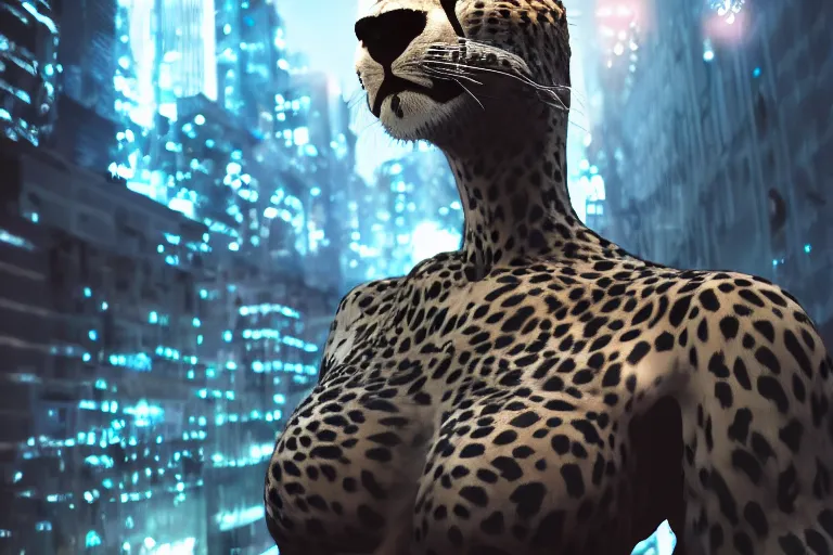 Image similar to wide angle shot of cybernetic cheetah, city lights, strong bokeh, dramatic, cinematic, high contrast, octane render, cgsociety, artstation, 4k