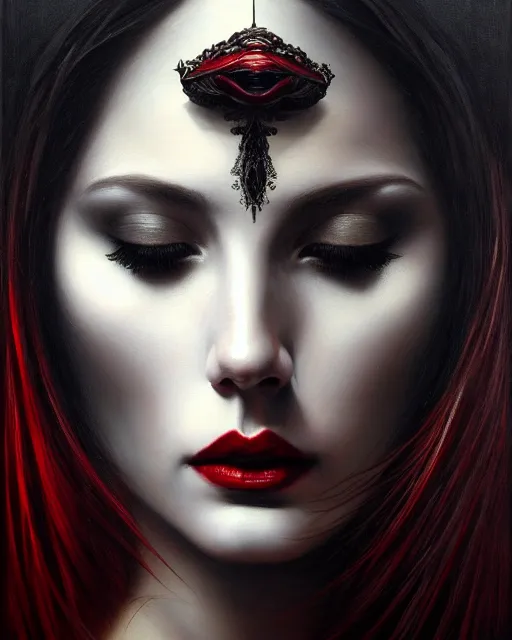 Image similar to portrait of a beautiful goddess, enigmatic beauty, dominant shades of black, silver, dark red, white, head in focus, fantasy art, ornamental aesthetics, intricate, elegant, highly detailed, hyperrealistic painting, artstation, concept art, painterly, sharp focus, illustration, art by karol bak