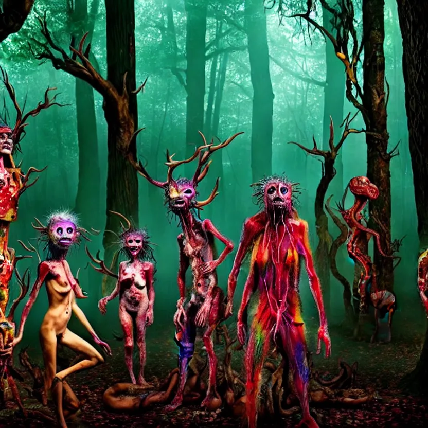 Prompt: an orgy of colorful, beautiful flesh - eating giant timikawas with rainbow fur eating terrified humans, in a whimsical forest with melting trees, nightmare scene, supernatural, highly detailed, creepy, terrifying, david cronenberg