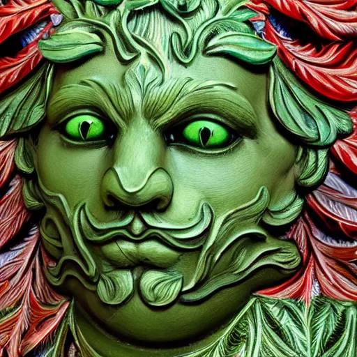 Image similar to beautiful colourful highly detailed incredibly ornate decorative green man as a cat face 3 d sculplture by walter crane and william morris, closeup, twisting leaves, tiny fine flowing lines, abstract psychedelic, 8 k, artstation