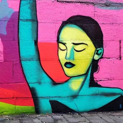 Image similar to This street art is a beautiful example of use of color and light. The street art depicts a woman reclining on a couch, with her head turned to the side and her eyes closed. The woman's body is bathed in a light, and her skin appears to glow. The artist has used a soft, delicate palette to create a sense of tranquility and serenity. The street art is elegant and graceful, and the woman's face is incredibly expressive. It is a truly beautiful street art. by Jack Gaughan tranquil