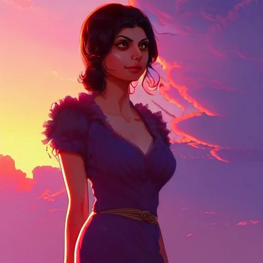 Image similar to Morena Baccarin, sunset background, intricate, highly detailed, digital painting, artstation, official media, anime key visual, concept art, rich vivid colors, ambient lighting, sharp focus, illustration, art by Artgerm, Makoto Shinkai, Ilya Kuvshinov, Lois Van Baarle, and Rossdraws