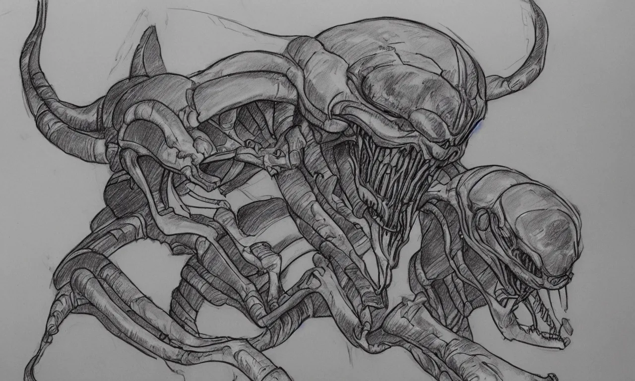 Image similar to a bad distorted rough sketch of one xenomorph drawn by a 4 year old kid