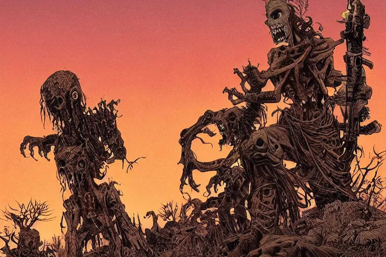 Image similar to disturbing horror zombie defeat illustration by joe fenton and syd mead and p. craig russell and barry windsor - smith, artstation, 4 k, graphic novel, concept art, matte painting, beautiful american rustic western landscape sunset background, golden hour, art nouveau