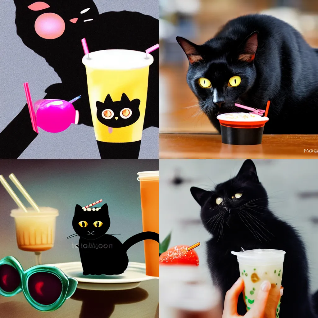 Prompt: a black cat drinking boba tea with a straw. The pearls are shaped like little fish. Photorealistic. 8K