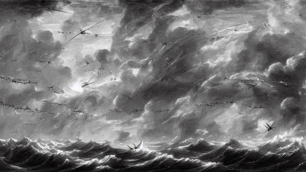 Prompt: drawing of seven ornithopters flying above a stormy ocean, by gustave dore, nineteenth century, black and white, vintage, science fiction, epic composition, dramatic lighting, highly detailed, cinematic