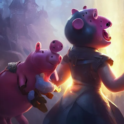 Image similar to Portrait of Peppa Pig, League of Legends amazing splashscreen artwork, splash art,natural light, elegant, intricate, fantasy, atmospheric lighting, by Greg rutkowski, league of legends splash art, hd wallpaper, ultra high details