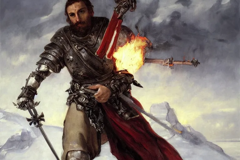 Prompt: landscape realistic painting image about a templar knight with one mechanical hand carrying a fire sword, and wielding it at the ice dragon. dramatic scene, realism, created by gustave courbet and michaelangelo, trending in artstation, fine art, smooth draw with oil painting.