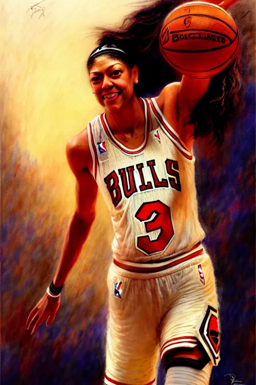 Image similar to candace parker in a bulls jersey by gaston bussiere bayard wu, greg rutkowski, giger, maxim verehin, drew struzan