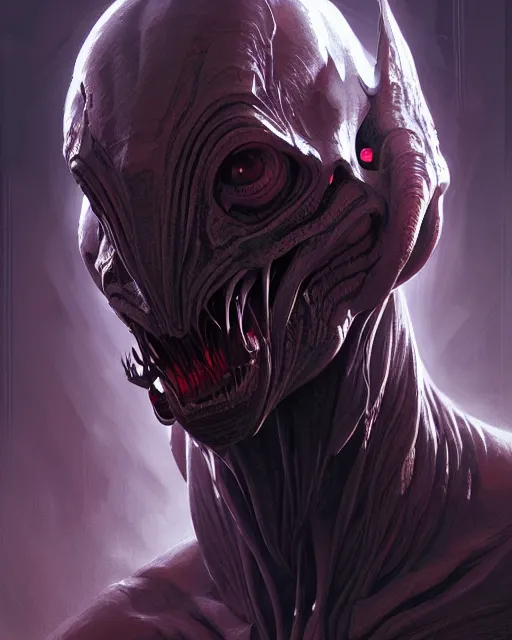 Image similar to professional concept art portrait of a predatory alien species in a dark room by artgerm and greg rutkowski. an intricate, elegant, highly detailed digital painting, concept art, smooth, sharp focus, illustration, in the style of cam sykes, wayne barlowe, igor kieryluk.