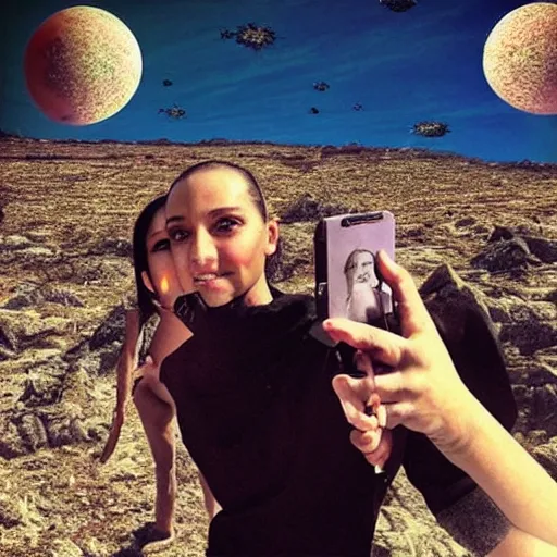 Image similar to “ our humanoid descendants in the year 2 2 0 0 taking a selfie on their sci - fi planet, award - winning details ”