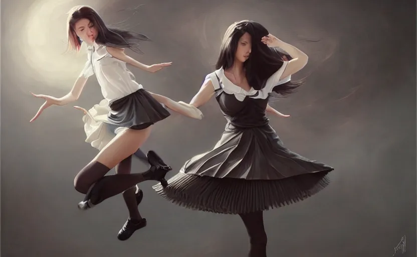 Image similar to a beautiful woman with school uniform dancing, seifuku, pleated miniskirt, overknee socks, adriana lima, painted by artgerm and tom bagshaw, fantasy art, dramatic lighting, highly detailed oil painting, volumetric lighting