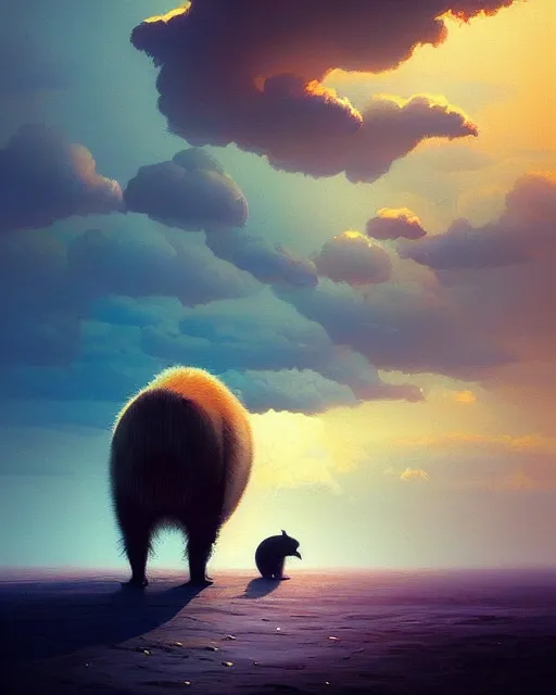 Prompt: white capybara at siberia, surreal photography, warm dramatic light, impressionist painting, colorful clouds, digital painting, artstation, kilian eng, john harris, bastien lecouffe - deharme, simon stalenhag, flower face