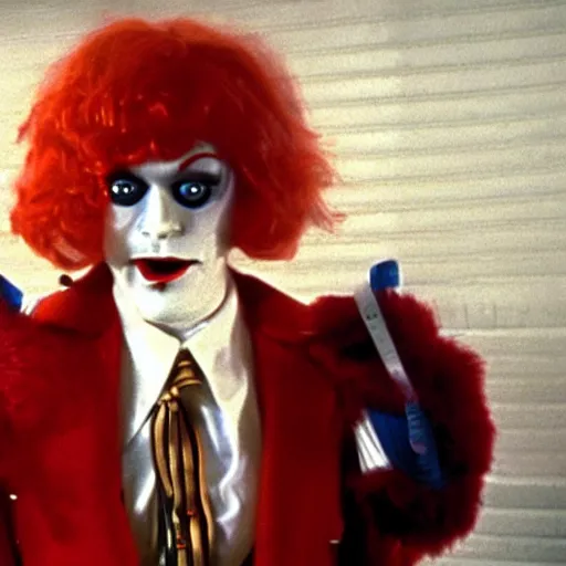 Image similar to Ronald McDonald as Alexander DeLarge, A Clockwork Orange, droog, eyelashes, milk plus, Korova Milkbar, 1971 film, Stanley Kubrick, hooligan