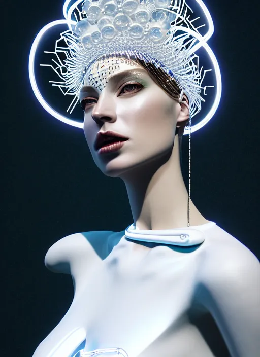 Image similar to portrait of an absurdly beautiful, graceful, sophisticated, fashionable futuristic woman, hyperdetailed illustration by irakli nadar and alexandre ferra, intricate linework, white porcelain skin, faberge, neon headdress, dark atmosphere, unreal engine 5 highly rendered, global illumination, radiant light, detailed and intricate environment