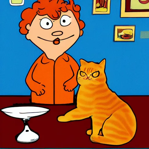 Image similar to fat orange tabby cat next to curly haired man and lasagna on table, by jim davis, garfield comic strip