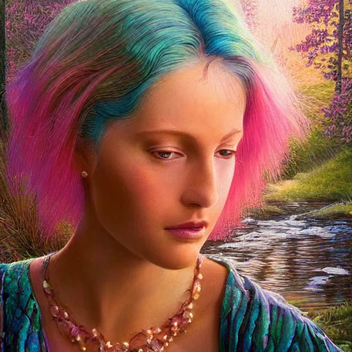 Image similar to A beautiful portrait of a woman with iridescent skin by James C. Christensen, scenic environment, pink hair