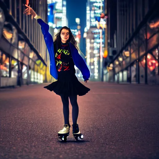 Image similar to a girl i ’ ve only seen in my dreams, beautiful, skating in new york, trippy, portrait, 4 k, 8 k, professional photograph