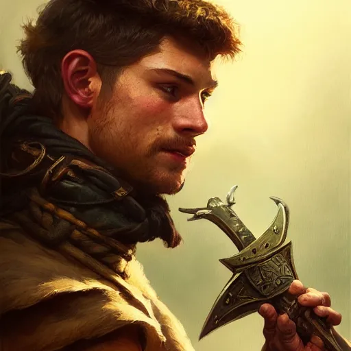 Image similar to portrait of a young rugged ranger gripping his longsword, muscular, upper body, D&D, fantasy, intricate, cinematic lighting, highly detailed, digital painting, artstation, concept art, smooth, sharp focus, illustration, art by Artgerm and Greg Rutkowski and Alphonse Mucha