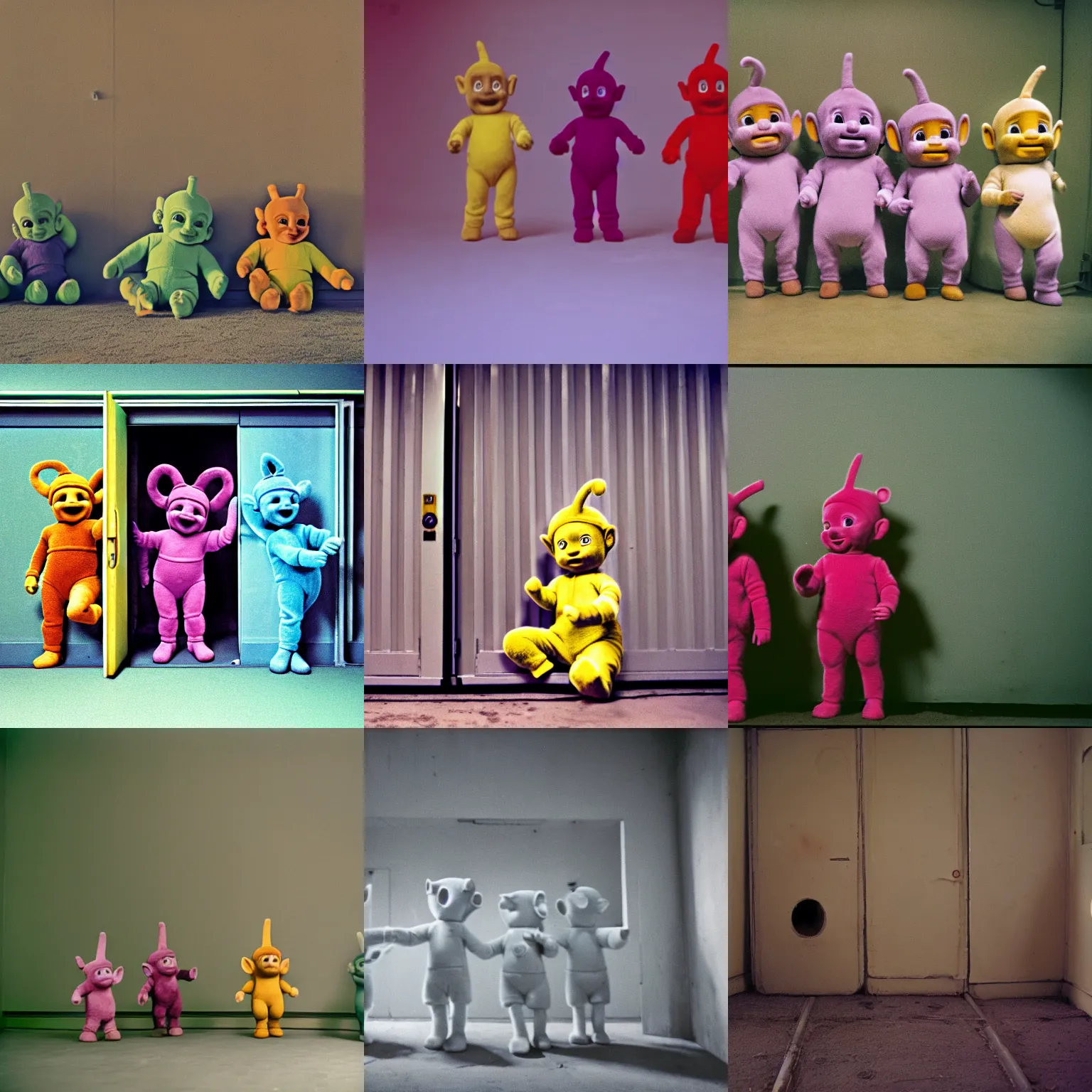 Prompt: ultra realistic worn out teletubbies, backrooms, low key, cinematic shot, liminal space, fujicolor sample