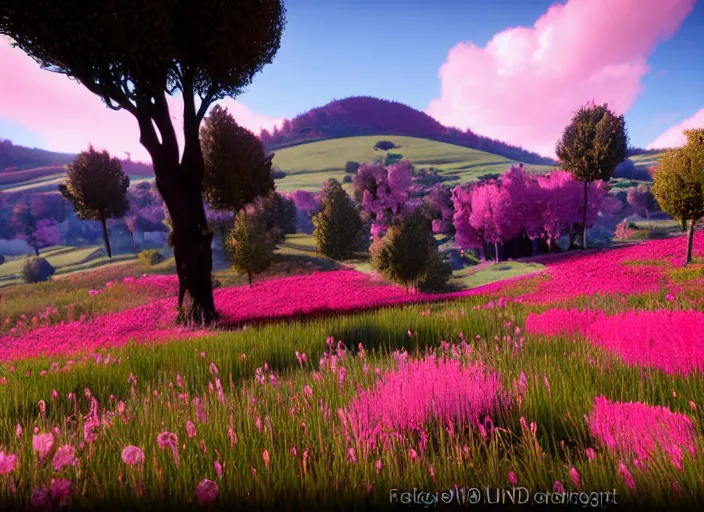 Prompt: fields full of flowers, pink and pyrple trees and blue sky with hills in the background. Intricate. Very detailed 8k. Fantasy horror. Sharp. Cinematic post-processing. Unreal engine. Nanite. Ray tracing. Parallax. Tessellation