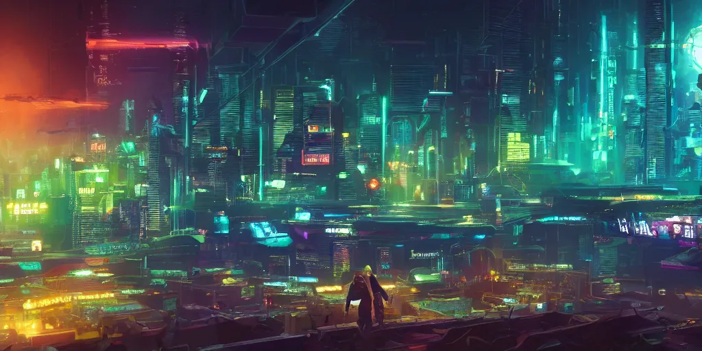 Prompt: a cinematic composition depicting : a computer run degrading cyberpunk world, on top of the mountain a mysterious neural network is using its transformative energy to transition to a hopeful to lush solarpunk civilization