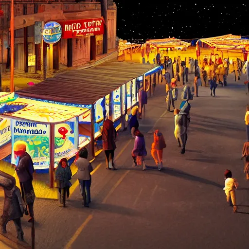 Prompt: Diorama of the arrival of man to the moon, lunar walk, with the image of planet Earth in the background, year 1968, With street food stalls, street marinship stalls, dense atmosphere, colored lights, night scene, psychedelic lights in the stalls Style, Realistic, many details, ultra detailed, octane render, real engine 5