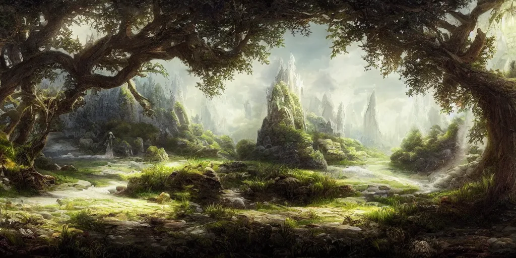 Prompt: a fantasy landscape with white beautiful trees, jesus