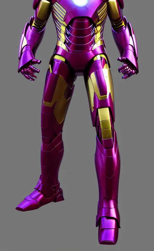 Prompt: iron man's suit but the color scheme is royal purple and gold, octane render, photorealistic, realistic shading, cinematic, detailed textures