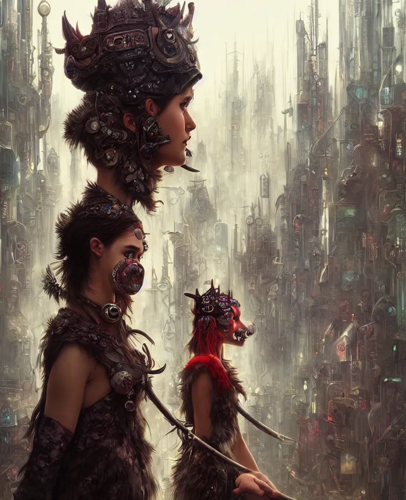 Image similar to hyper realistic Princess Mononoke, spooky mask, busy cyberpunk metropolis, city landscape, jewels, style of tom bagshaw, mucha, james gurney, norman rockwell, denoised, sharp