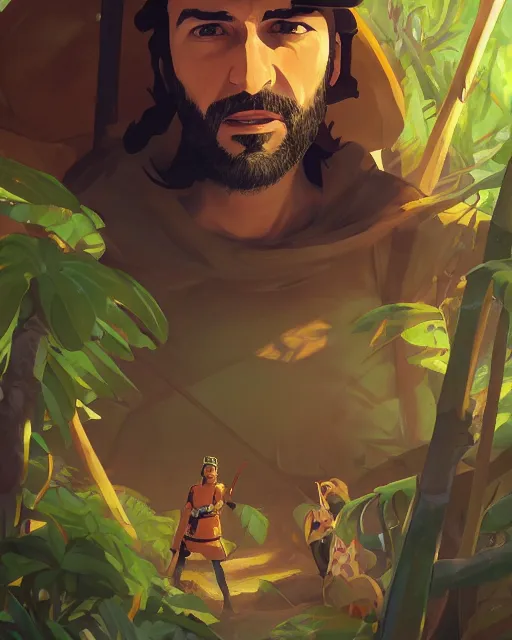 Image similar to portrait of karim benzema as a spanish conquistador in a jungle, by rhads, makoto shinkai and lois van baarle, studio ghibli color scheme, highly detailed, rim light, cinematic lighting, illustration, art, octane render, very coherent, cinematic, hyper realism, high detail, 8 k