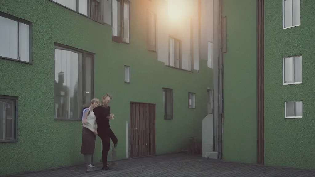 Image similar to a couple, green apartment house, textured walls, quiet street, reykjavik, sunset lighting, rim light, hyper realistic, cinematic frame