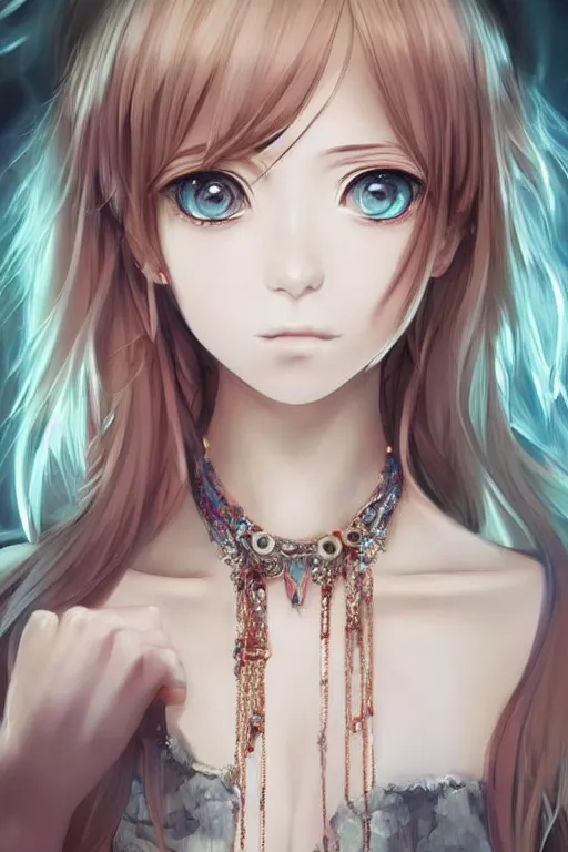 Image similar to beautiful very detailed portrait of anime girl with lots of jewelry in the face, full body, in the background there is a minimalistic palace, digital art , dramatic cinematic lighting rendered by octane, 8k, detailed, intricate, clean and textures, trending on artstation, treanding on deviantart, trending on cgsociety, pinterest, by Lauren Brevner + FRANS SMIT