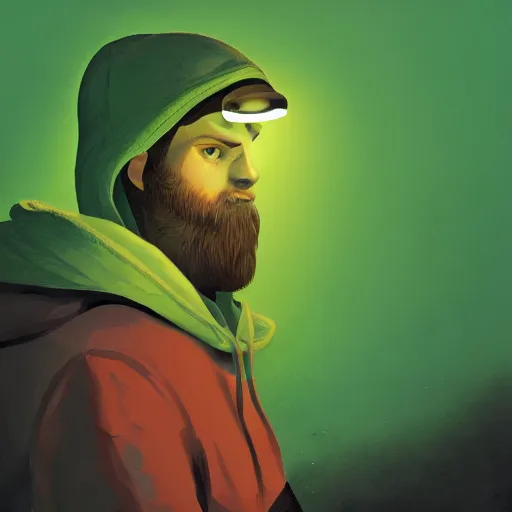 Image similar to portrait of a lost chad programmer with green hood by james gilleard, dramatic lighting, close up