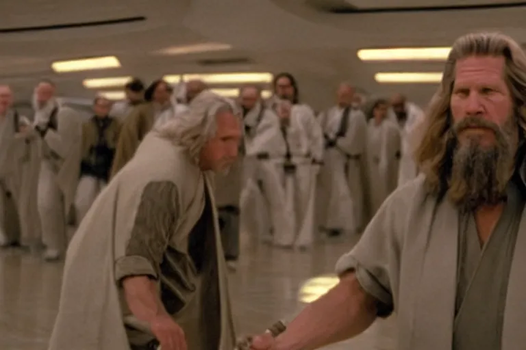 Image similar to A wide shot of Jeff Bridges from The Big Lebowski as a Jedi bowling in Star Wars