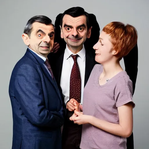 Image similar to A portrait mr bean teams up with a teenage mr bean and a female Mr Bean, everyone has a Mr Bean face, perfect faces, 50 mm, award winning photography