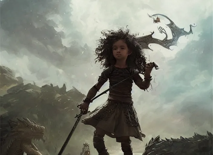 Image similar to a cute little girl with curly brown hair holding a sword faces off against a huge dragon, beautiful fantasy art by greg rutkowski.