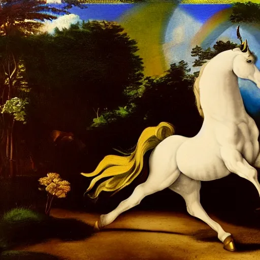 Image similar to a unicorn walking on a rainbow in the style of Caravaggio