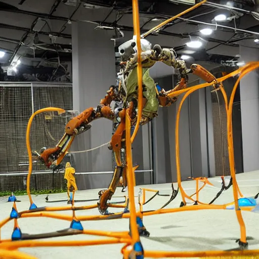 Prompt: publicity photo released by boston dynamics of its prototype robotic orangutan leaping or swinging or climbing in an obstacle - course while engineers are taking notes.