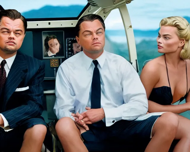 Image similar to leonardo dicaprio as the wolf of wall street next to margot robbie as naomi from the wolf of wall street in a helicopter, hyper realistic faces, beautiful eyes, cinematic, long shot, hyper detailed, 8 5 mm photograph, 8 k resolution, film still, sharp lens, wide lens