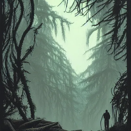 Image similar to ancient woodcut fern that depicts the forest, surrounded by mountains and clouds and thickets, at night. style of greg rutkowski and darek bonestell. trending on artstation. by raphael okamoto and thomas jones