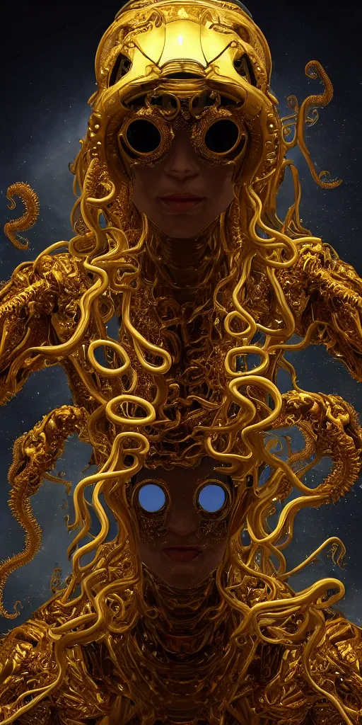 Prompt: a portait of a 8k ultra realistic corrupted lovecraftian golden humanoid queen standing next to a spaceship window overlooking earth, 8 intricate white and gold tentacles, ornate white and gold armour, cinematic lighting, trending on artstation, 4k, hyperrealistic, focused, extreme details, unreal engine 5, cinematic, masterpiece